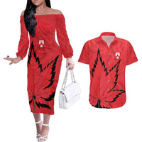 Custom Canada Curling Couples Matching Off The Shoulder Long Sleeve Dress and Hawaiian Shirt Go Maple Leaf Marble Style - Wonder Print Shop
