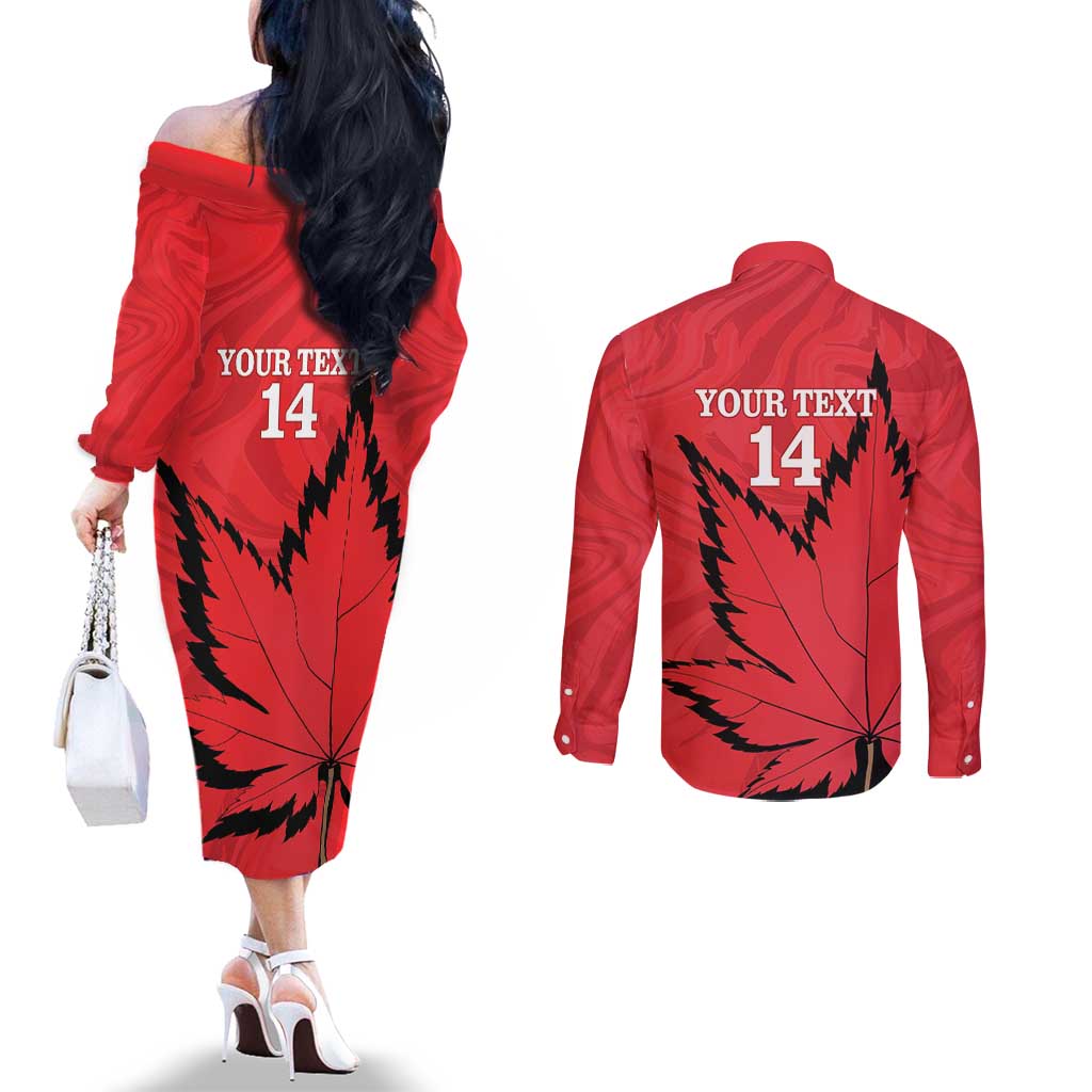 Custom Canada Curling Couples Matching Off The Shoulder Long Sleeve Dress and Long Sleeve Button Shirt Go Maple Leaf Marble Style - Wonder Print Shop