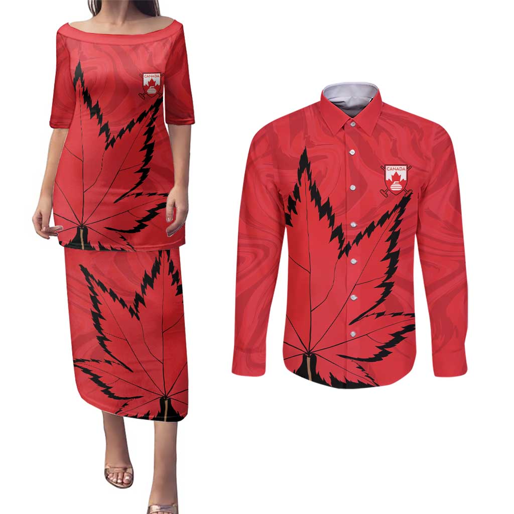 Custom Canada Curling Couples Matching Puletasi and Long Sleeve Button Shirt Go Maple Leaf Marble Style - Wonder Print Shop