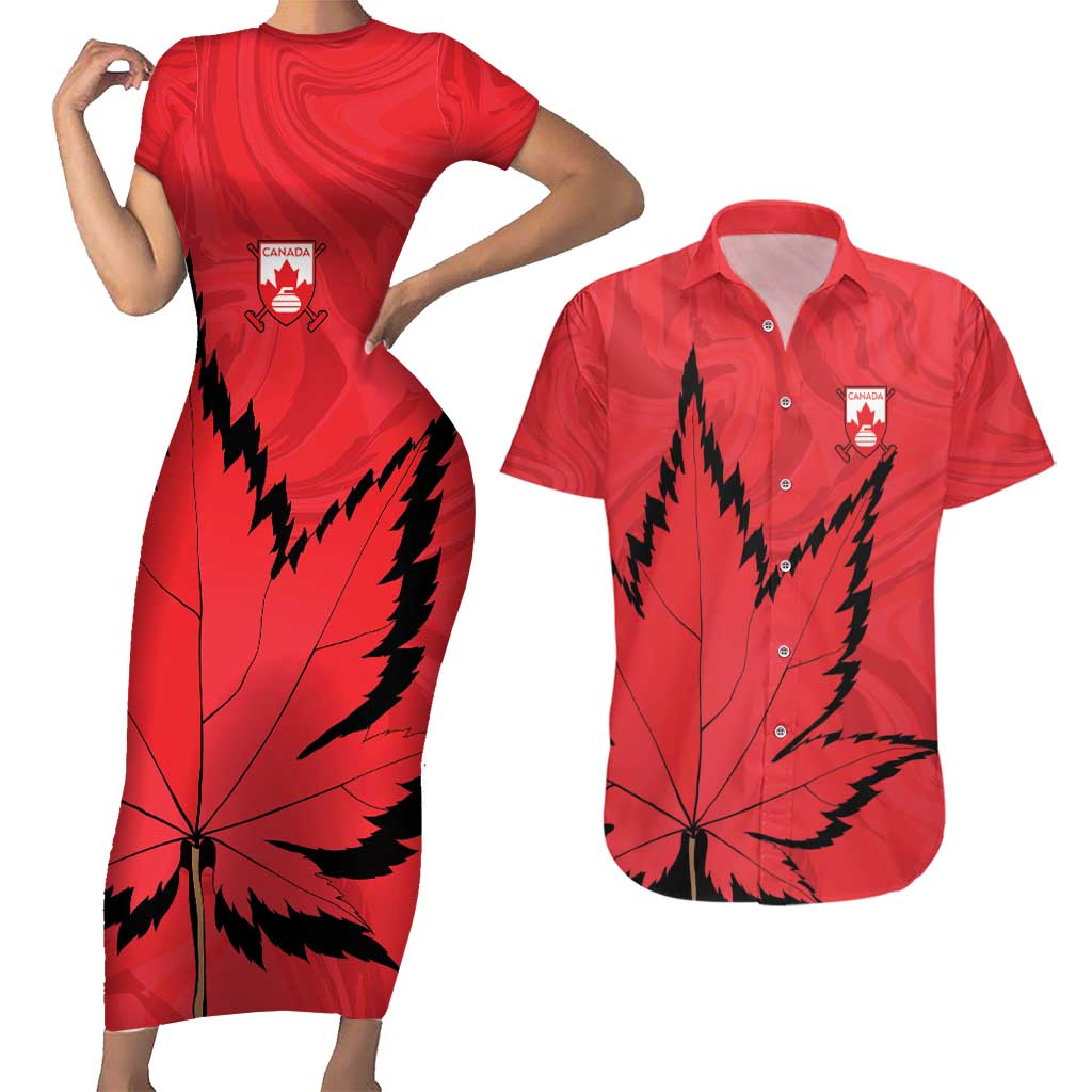 Custom Canada Curling Couples Matching Short Sleeve Bodycon Dress and Hawaiian Shirt Go Maple Leaf Marble Style - Wonder Print Shop