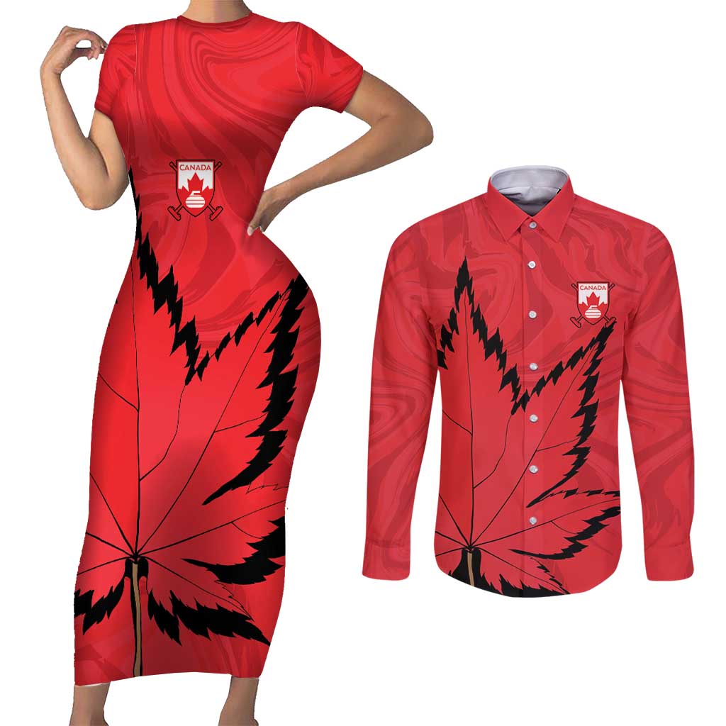 Custom Canada Curling Couples Matching Short Sleeve Bodycon Dress and Long Sleeve Button Shirt Go Maple Leaf Marble Style - Wonder Print Shop