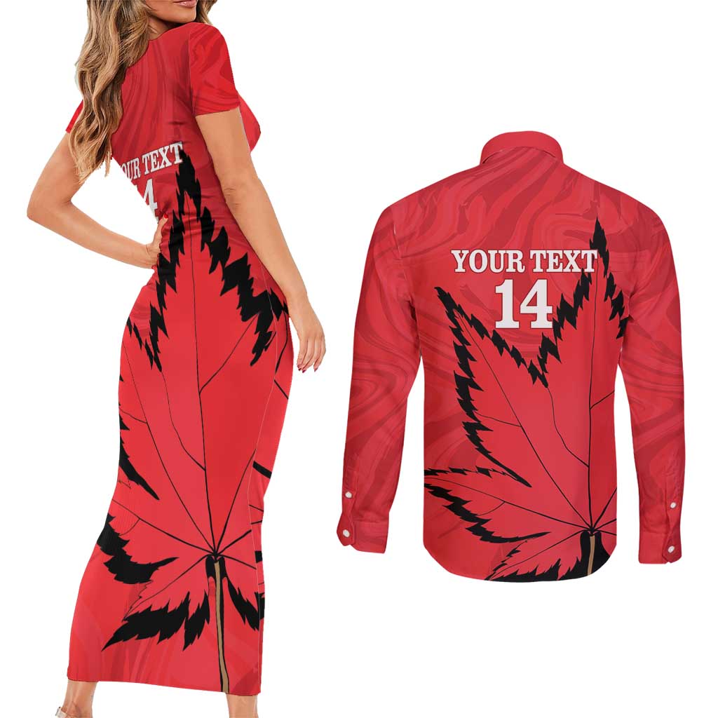 Custom Canada Curling Couples Matching Short Sleeve Bodycon Dress and Long Sleeve Button Shirt Go Maple Leaf Marble Style - Wonder Print Shop