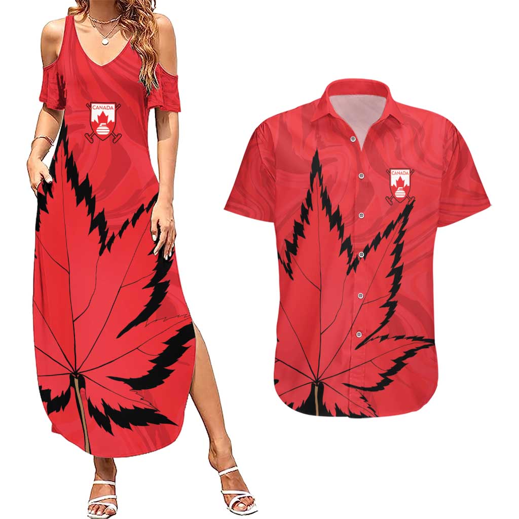 Custom Canada Curling Couples Matching Summer Maxi Dress and Hawaiian Shirt Go Maple Leaf Marble Style - Wonder Print Shop