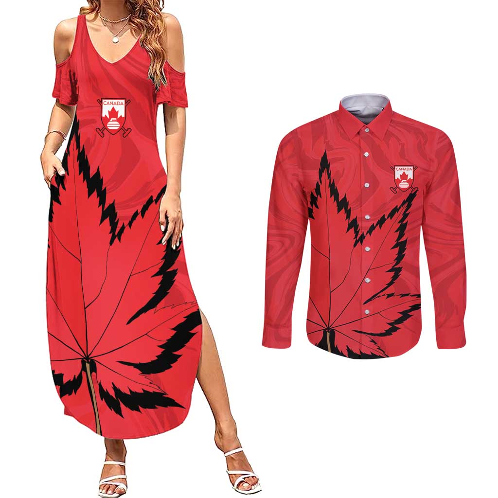 Custom Canada Curling Couples Matching Summer Maxi Dress and Long Sleeve Button Shirt Go Maple Leaf Marble Style - Wonder Print Shop