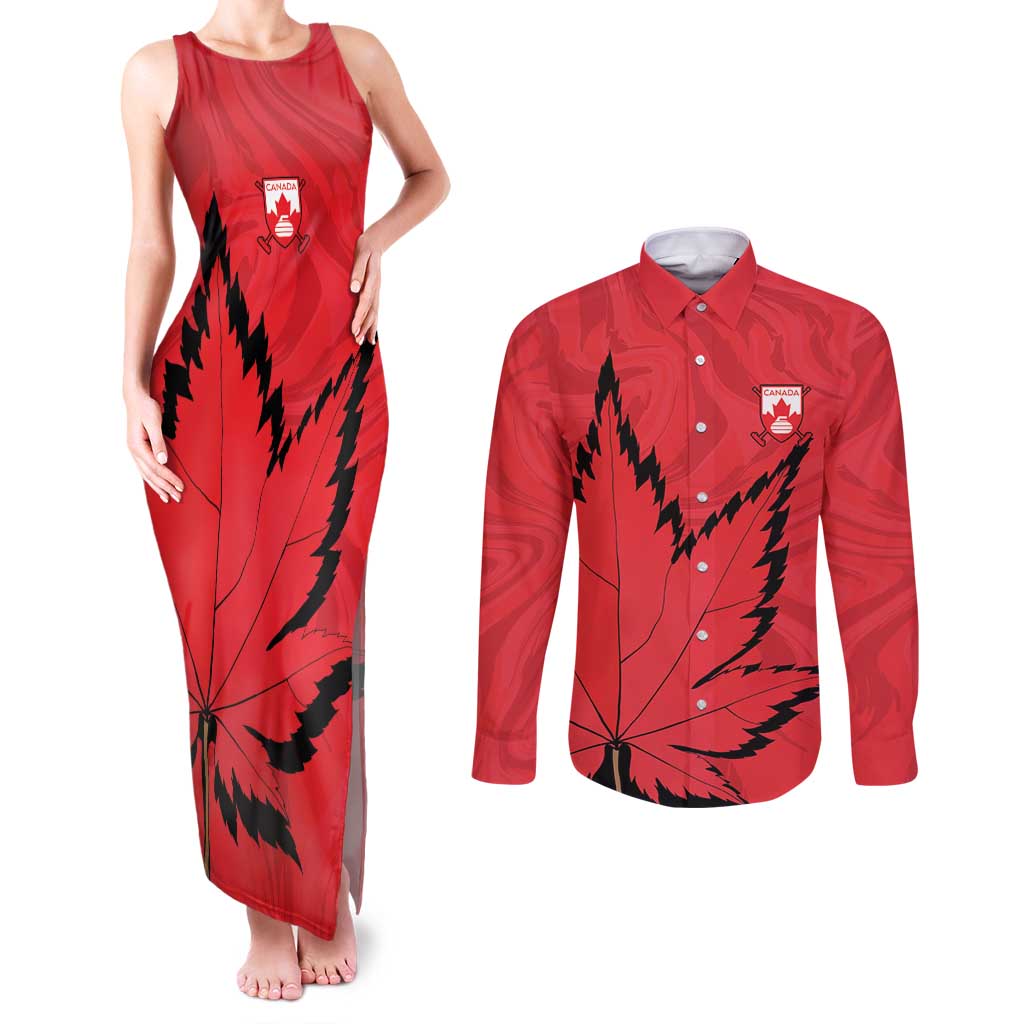 Custom Canada Curling Couples Matching Tank Maxi Dress and Long Sleeve Button Shirt Go Maple Leaf Marble Style - Wonder Print Shop