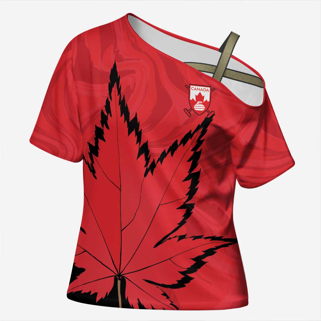 Custom Canada Curling Cross Shoulder Shirt Go Maple Leaf Marble Style - Wonder Print Shop