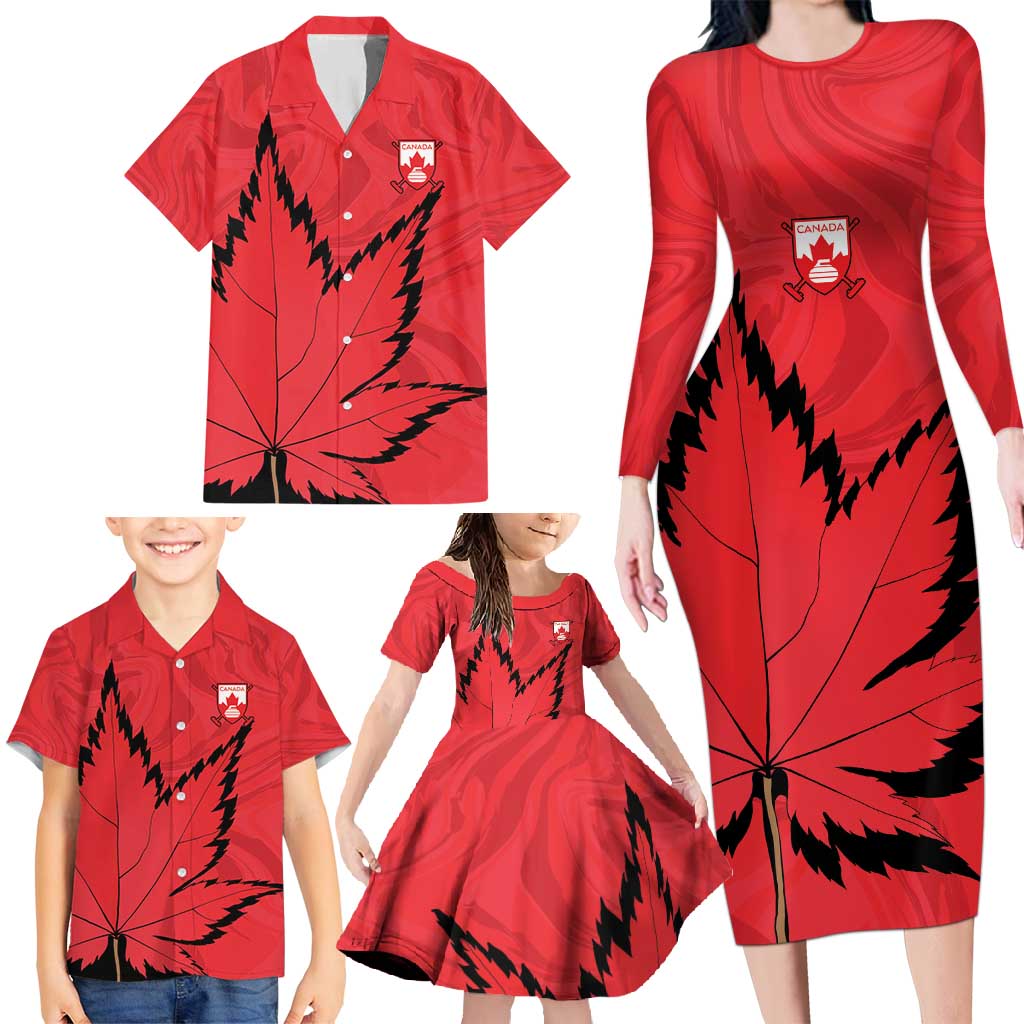 Custom Canada Curling Family Matching Long Sleeve Bodycon Dress and Hawaiian Shirt Go Maple Leaf Marble Style - Wonder Print Shop