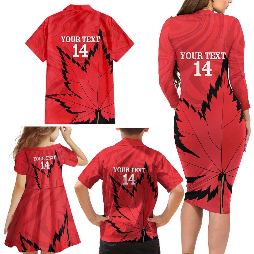 Custom Canada Curling Family Matching Long Sleeve Bodycon Dress and Hawaiian Shirt Go Maple Leaf Marble Style - Wonder Print Shop