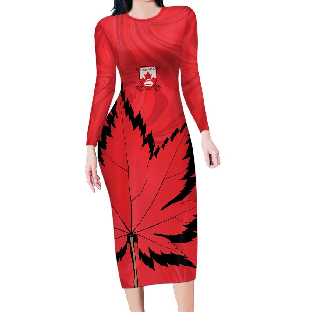 Custom Canada Curling Family Matching Long Sleeve Bodycon Dress and Hawaiian Shirt Go Maple Leaf Marble Style - Wonder Print Shop