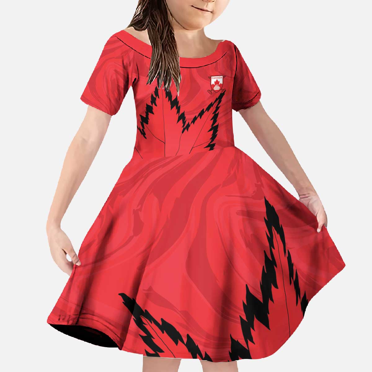 Custom Canada Curling Family Matching Off The Shoulder Long Sleeve Dress and Hawaiian Shirt Go Maple Leaf Marble Style - Wonder Print Shop