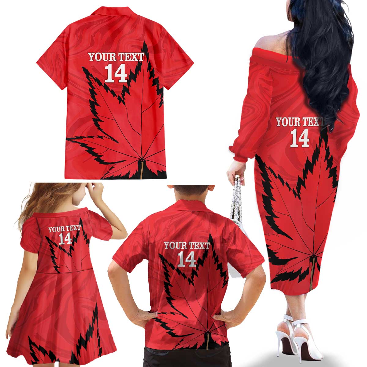 Custom Canada Curling Family Matching Off The Shoulder Long Sleeve Dress and Hawaiian Shirt Go Maple Leaf Marble Style - Wonder Print Shop