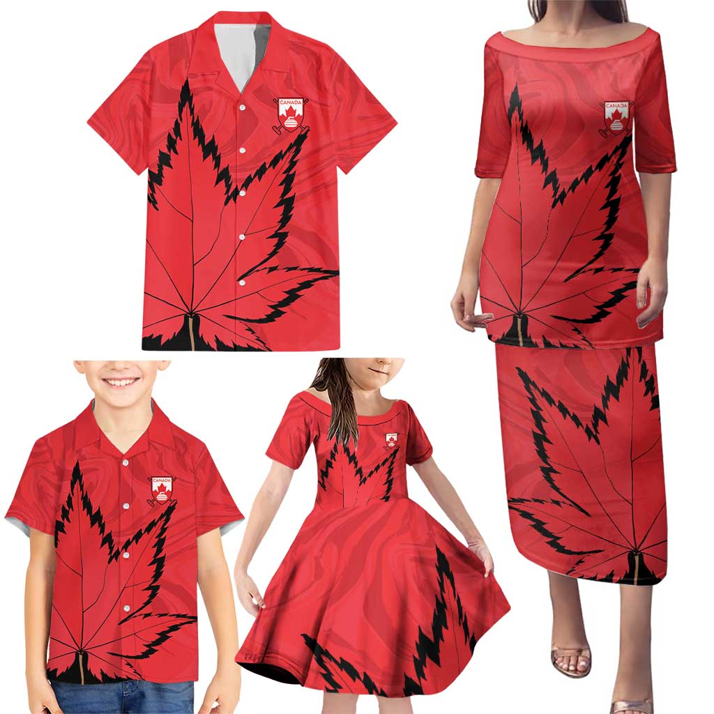 Custom Canada Curling Family Matching Puletasi and Hawaiian Shirt Go Maple Leaf Marble Style - Wonder Print Shop