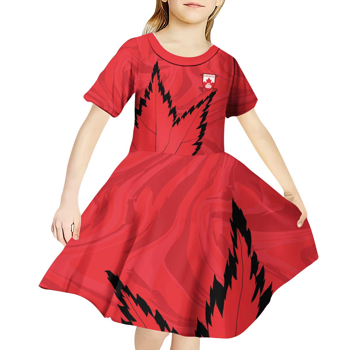 Custom Canada Curling Kid Short Sleeve Dress Go Maple Leaf Marble Style - Wonder Print Shop