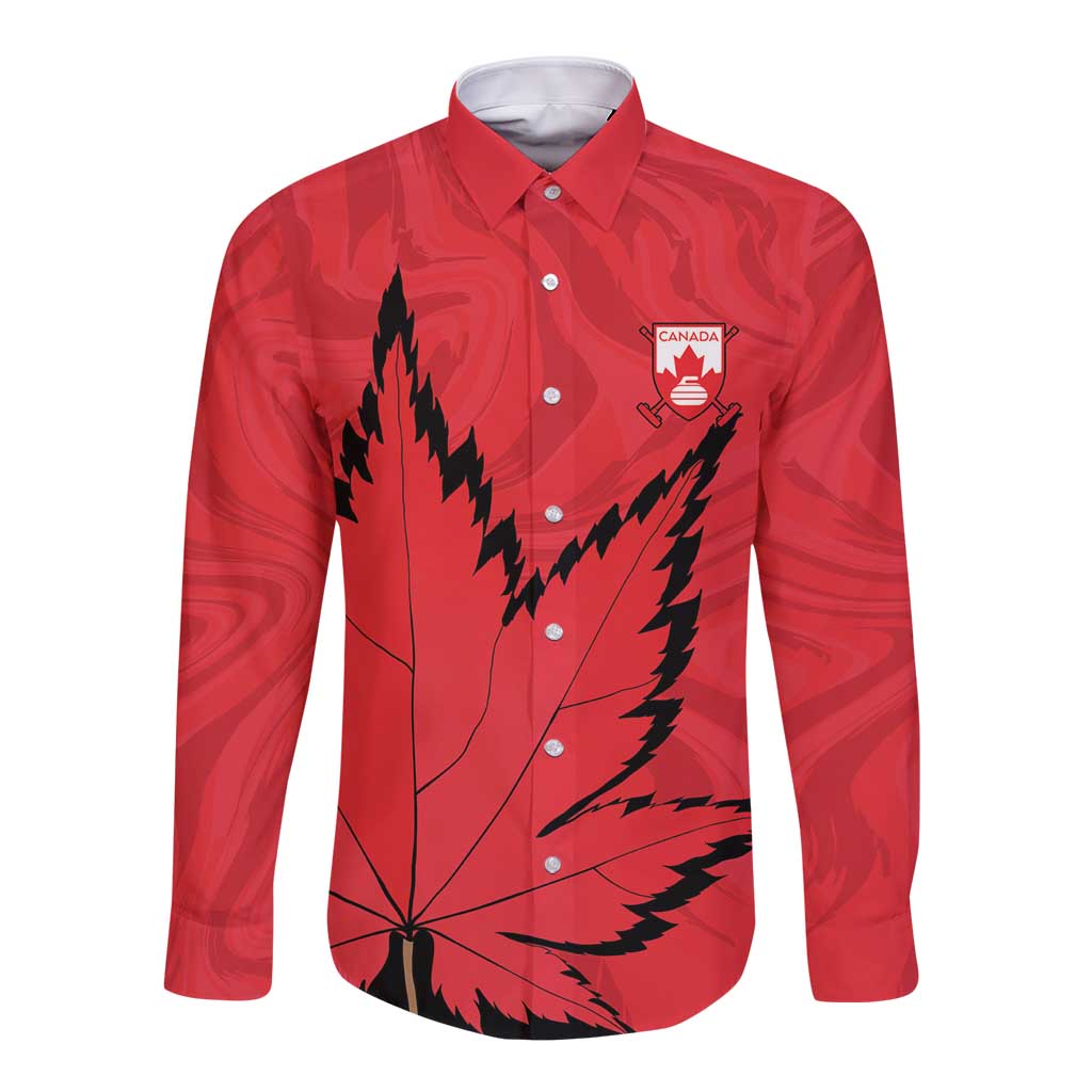 Custom Canada Curling Long Sleeve Button Shirt Go Maple Leaf Marble Style - Wonder Print Shop