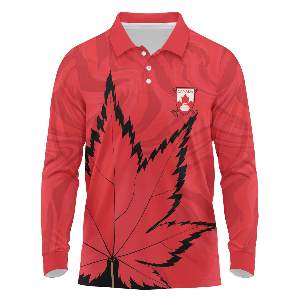 Custom Canada Curling Long Sleeve Polo Shirt Go Maple Leaf Marble Style - Wonder Print Shop