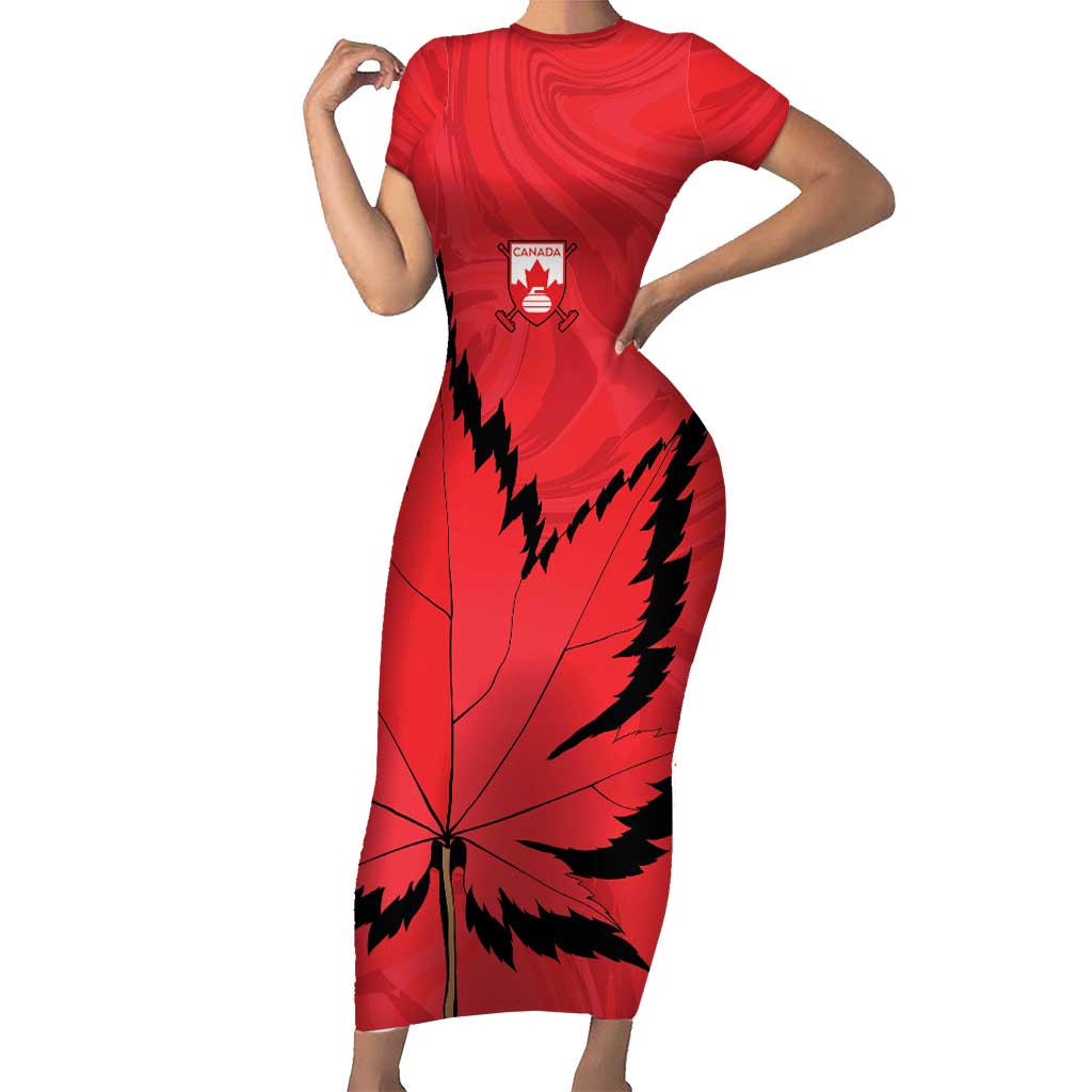 Custom Canada Curling Short Sleeve Bodycon Dress Go Maple Leaf Marble Style - Wonder Print Shop