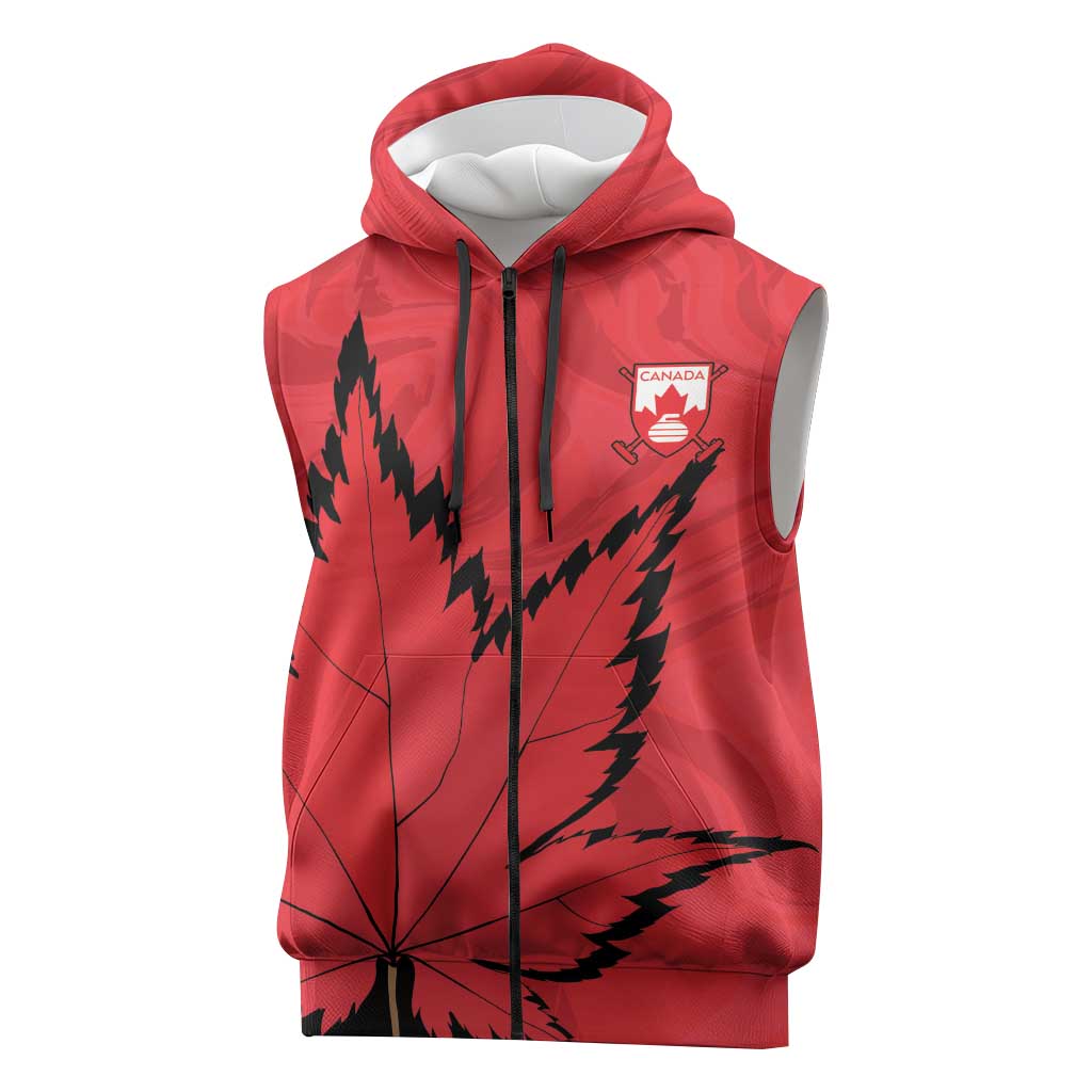 Custom Canada Curling Sleeveless Zip Hoodie Go Maple Leaf Marble Style - Wonder Print Shop