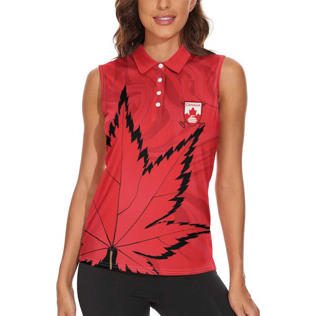 Custom Canada Curling Women Sleeveless Polo Shirt Go Maple Leaf Marble Style - Wonder Print Shop