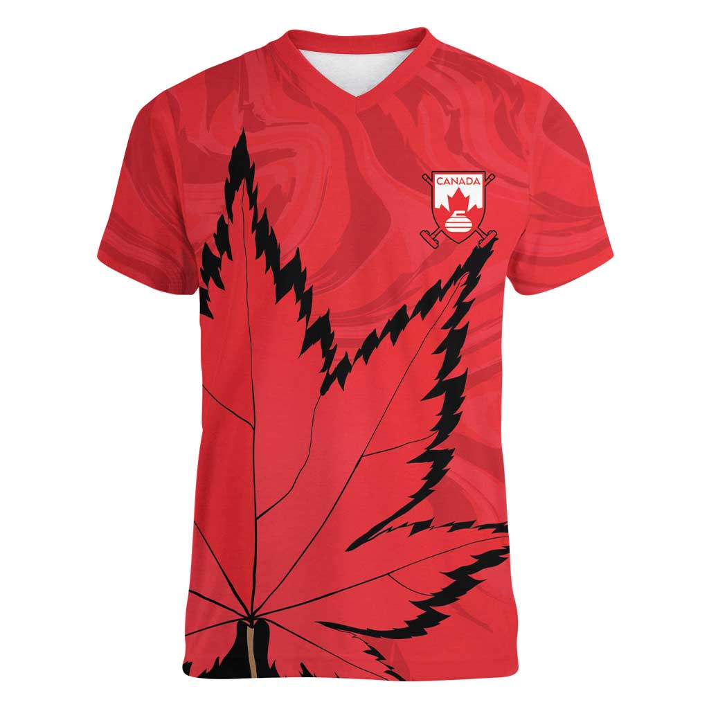 Custom Canada Curling Women V-Neck T-Shirt Go Maple Leaf Marble Style - Wonder Print Shop