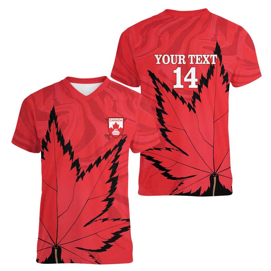 Custom Canada Curling Women V-Neck T-Shirt Go Maple Leaf Marble Style - Wonder Print Shop