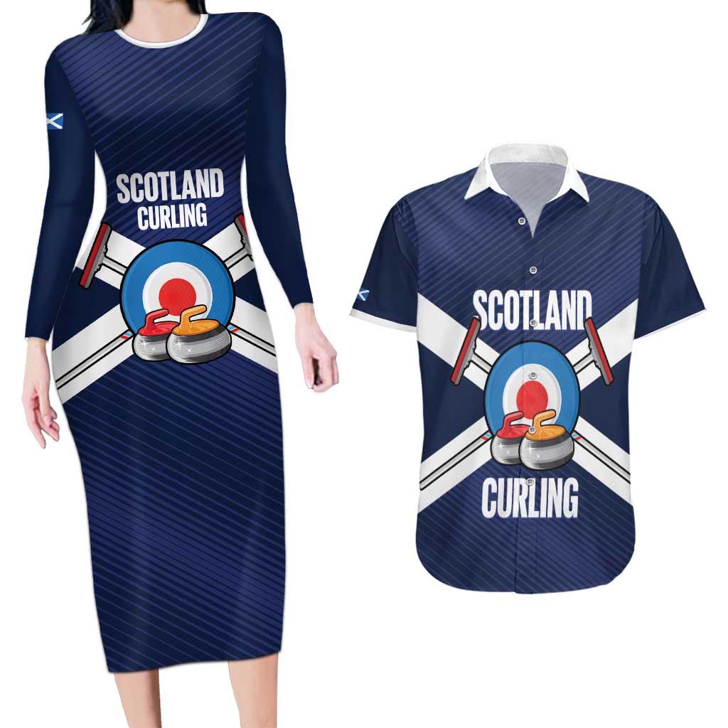 Personalized Scotland Curling Couples Matching Long Sleeve Bodycon Dress and Hawaiian Shirt Go Scottish Flag Style - Wonder Print Shop