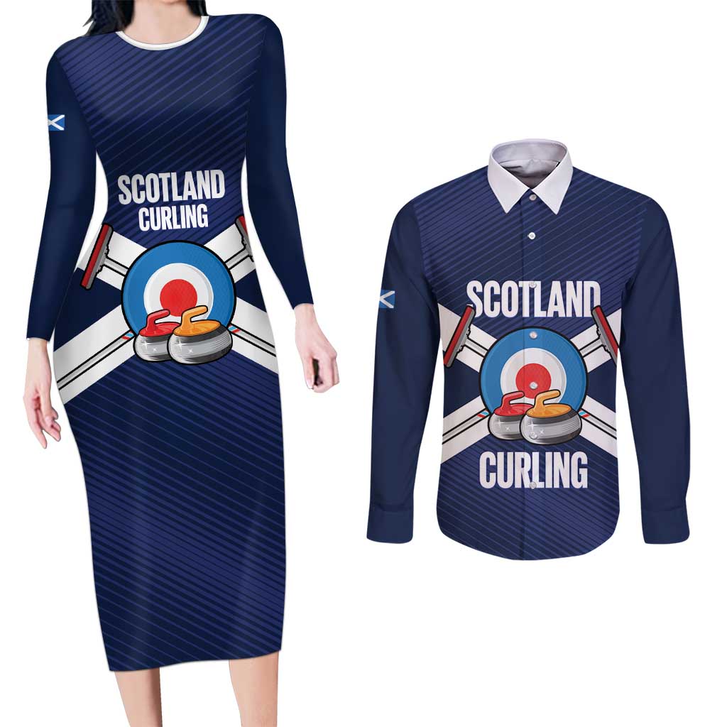 Personalized Scotland Curling Couples Matching Long Sleeve Bodycon Dress and Long Sleeve Button Shirt Go Scottish Flag Style - Wonder Print Shop