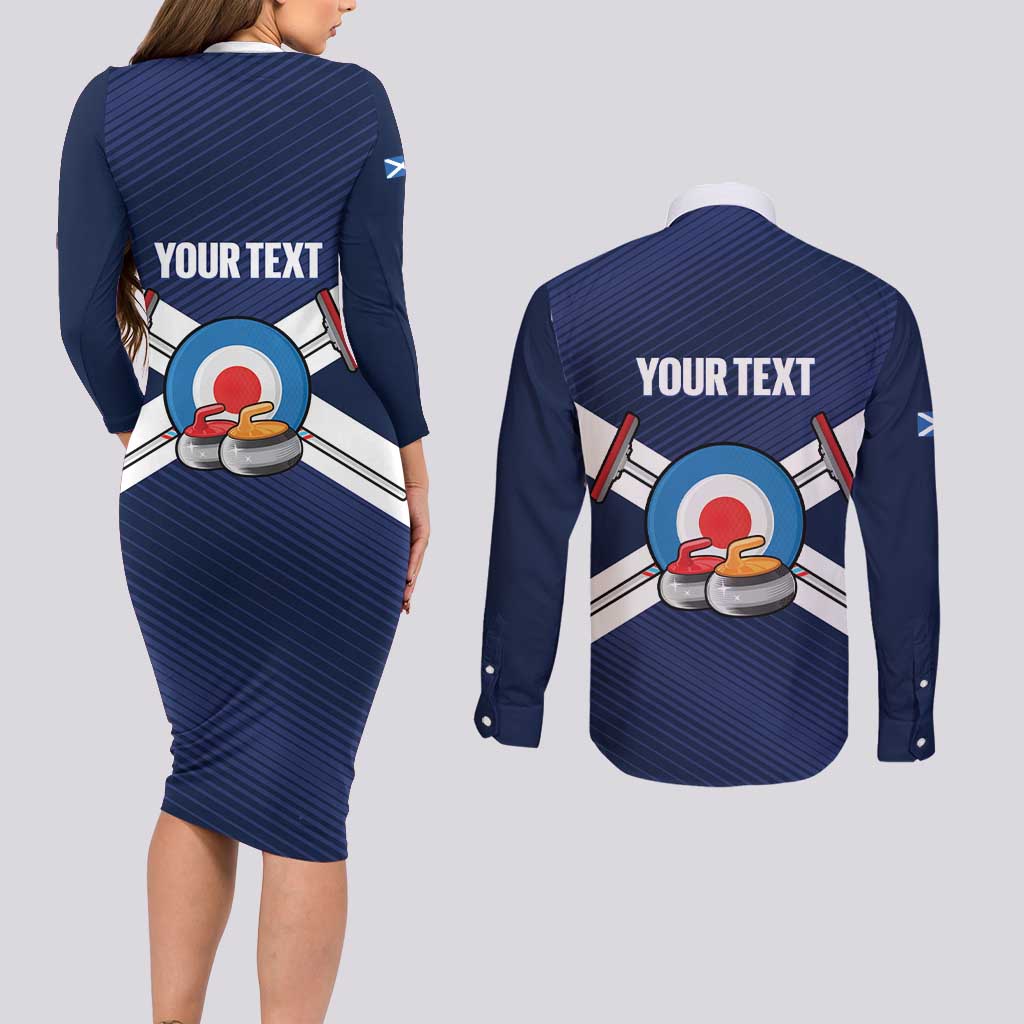 Personalized Scotland Curling Couples Matching Long Sleeve Bodycon Dress and Long Sleeve Button Shirt Go Scottish Flag Style - Wonder Print Shop