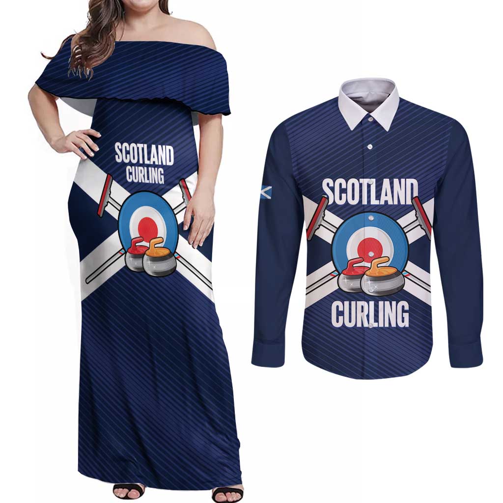 Personalized Scotland Curling Couples Matching Off Shoulder Maxi Dress and Long Sleeve Button Shirt Go Scottish Flag Style - Wonder Print Shop