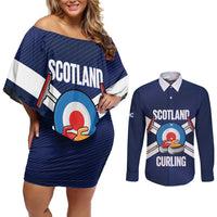 Personalized Scotland Curling Couples Matching Off Shoulder Short Dress and Long Sleeve Button Shirt Go Scottish Flag Style - Wonder Print Shop