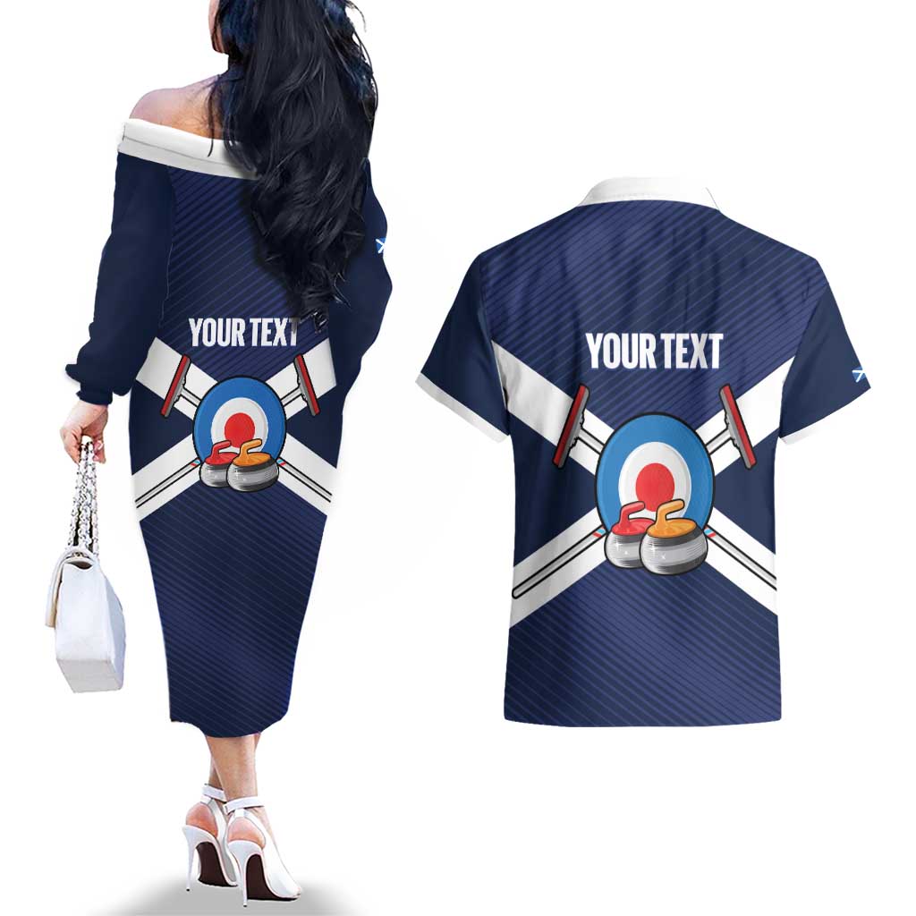 Personalized Scotland Curling Couples Matching Off The Shoulder Long Sleeve Dress and Hawaiian Shirt Go Scottish Flag Style - Wonder Print Shop