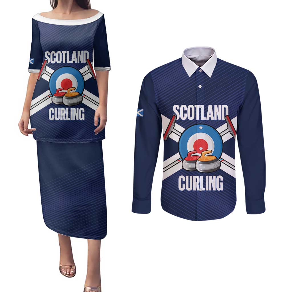 Personalized Scotland Curling Couples Matching Puletasi and Long Sleeve Button Shirt Go Scottish Flag Style - Wonder Print Shop
