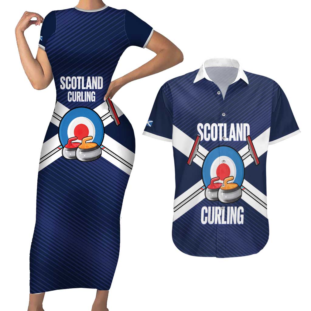 Personalized Scotland Curling Couples Matching Short Sleeve Bodycon Dress and Hawaiian Shirt Go Scottish Flag Style - Wonder Print Shop