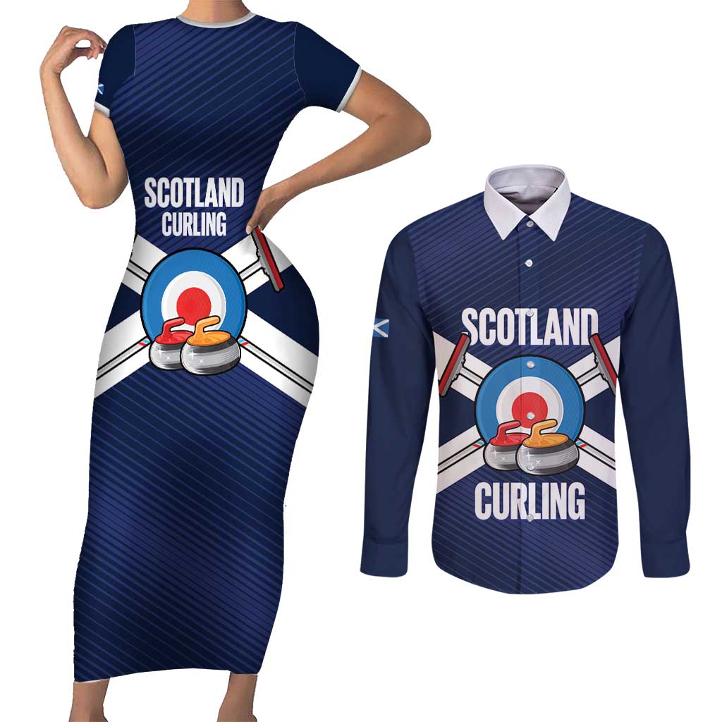 Personalized Scotland Curling Couples Matching Short Sleeve Bodycon Dress and Long Sleeve Button Shirt Go Scottish Flag Style - Wonder Print Shop