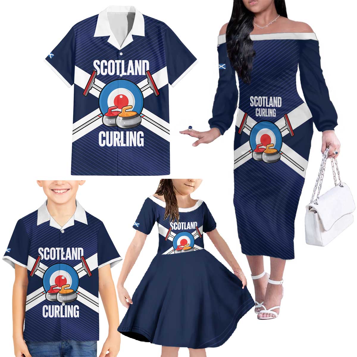 Personalized Scotland Curling Family Matching Off The Shoulder Long Sleeve Dress and Hawaiian Shirt Go Scottish Flag Style - Wonder Print Shop