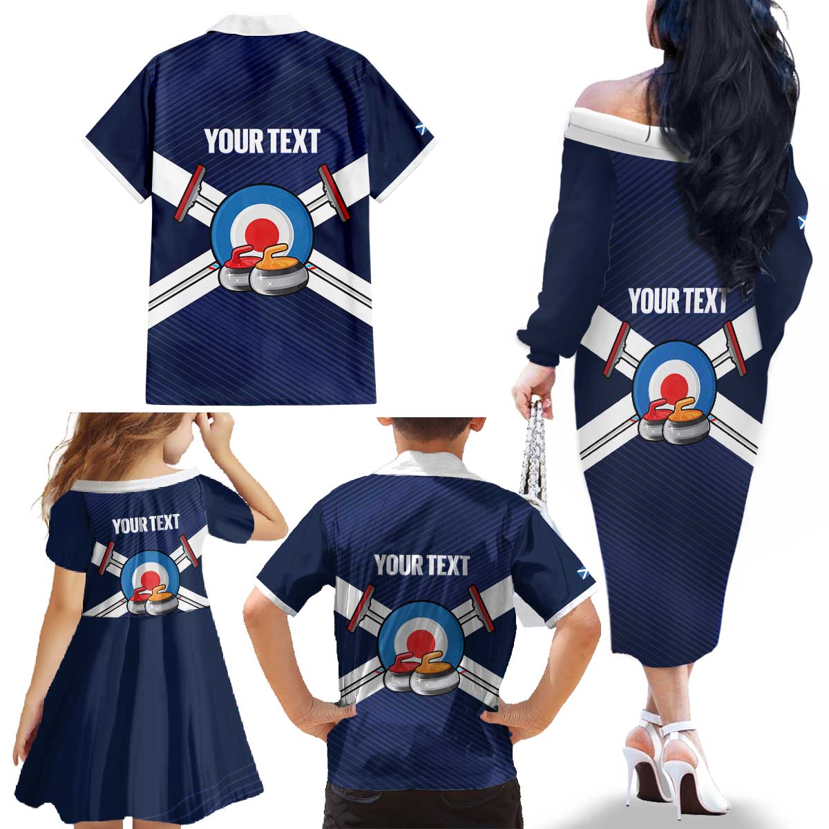 Personalized Scotland Curling Family Matching Off The Shoulder Long Sleeve Dress and Hawaiian Shirt Go Scottish Flag Style - Wonder Print Shop