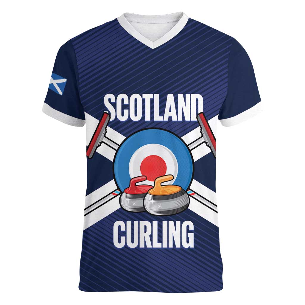 Personalized Scotland Curling Women V-Neck T-Shirt Go Scottish Flag Style - Wonder Print Shop