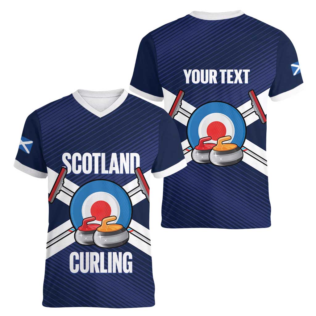 Personalized Scotland Curling Women V-Neck T-Shirt Go Scottish Flag Style - Wonder Print Shop
