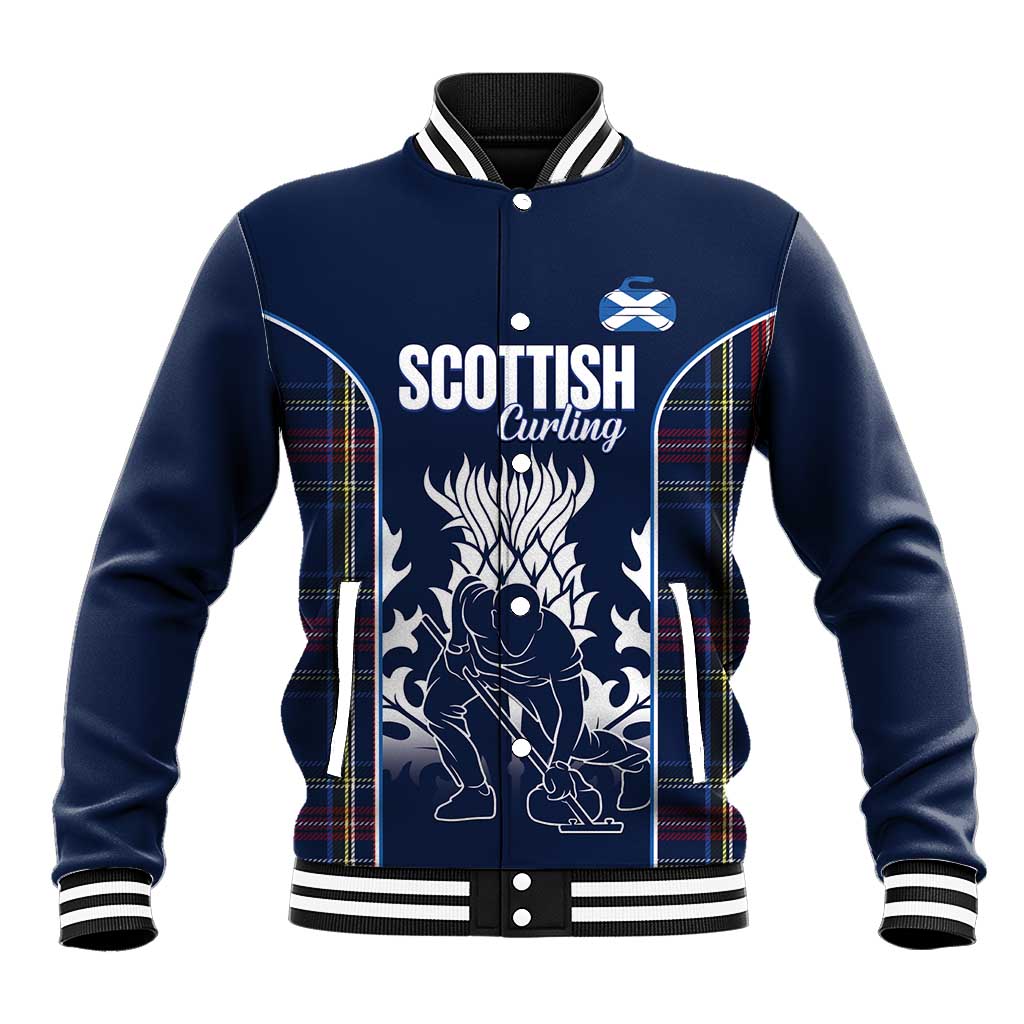 Custom Scotland Curling Baseball Jacket Scottish Thistle Mix Tartan Pattern - Wonder Print Shop