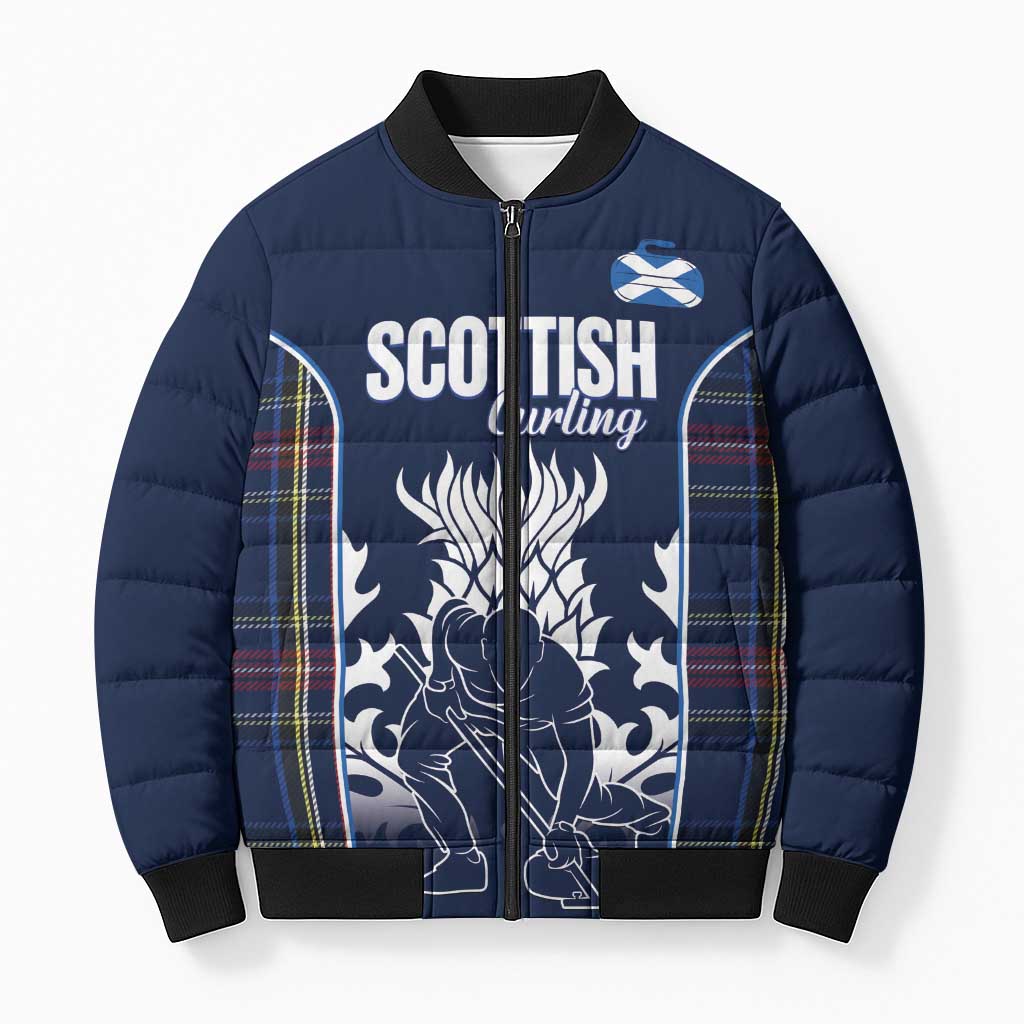 Custom Scotland Curling Bomber Puffer Jacket Scottish Thistle Mix Tartan Pattern - Wonder Print Shop
