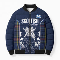 Custom Scotland Curling Bomber Puffer Jacket Scottish Thistle Mix Tartan Pattern - Wonder Print Shop