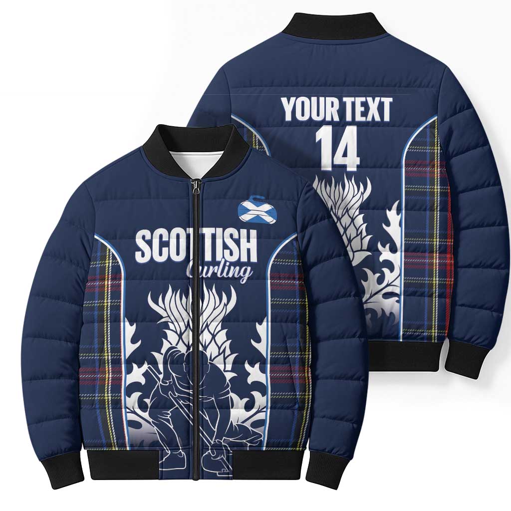 Custom Scotland Curling Bomber Puffer Jacket Scottish Thistle Mix Tartan Pattern - Wonder Print Shop