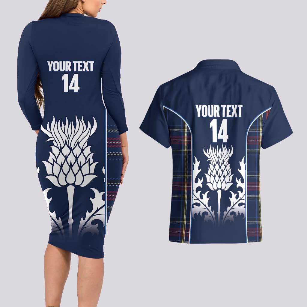 Custom Scotland Curling Couples Matching Long Sleeve Bodycon Dress and Hawaiian Shirt Scottish Thistle Mix Tartan Pattern - Wonder Print Shop