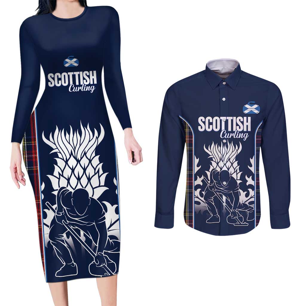 Custom Scotland Curling Couples Matching Long Sleeve Bodycon Dress and Long Sleeve Button Shirt Scottish Thistle Mix Tartan Pattern - Wonder Print Shop