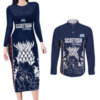 Custom Scotland Curling Couples Matching Long Sleeve Bodycon Dress and Long Sleeve Button Shirt Scottish Thistle Mix Tartan Pattern - Wonder Print Shop