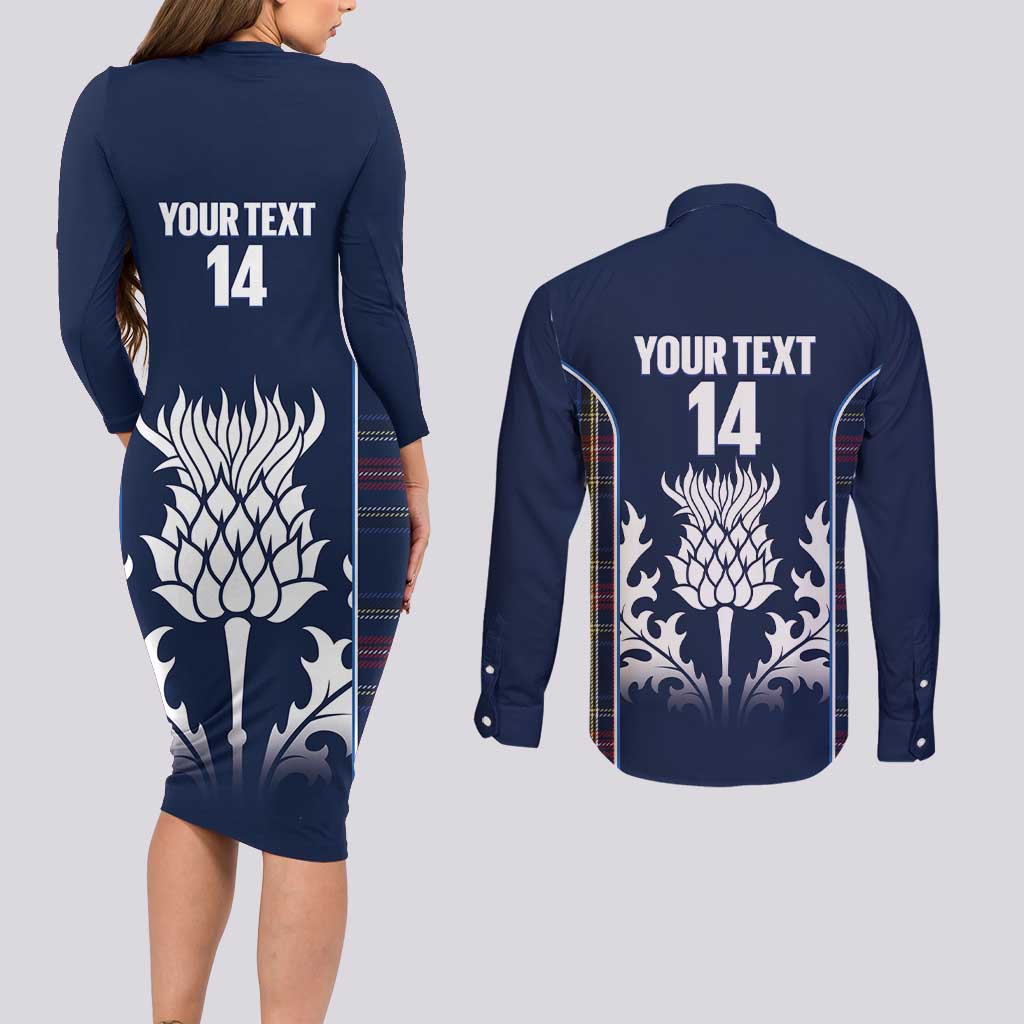 Custom Scotland Curling Couples Matching Long Sleeve Bodycon Dress and Long Sleeve Button Shirt Scottish Thistle Mix Tartan Pattern - Wonder Print Shop