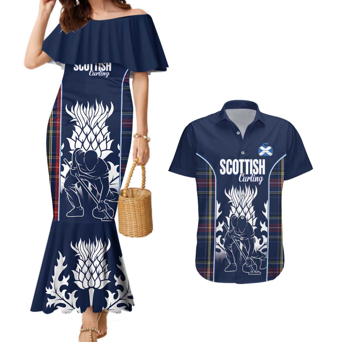 Custom Scotland Curling Couples Matching Mermaid Dress and Hawaiian Shirt Scottish Thistle Mix Tartan Pattern - Wonder Print Shop