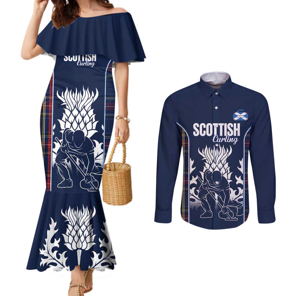 Custom Scotland Curling Couples Matching Mermaid Dress and Long Sleeve Button Shirt Scottish Thistle Mix Tartan Pattern - Wonder Print Shop