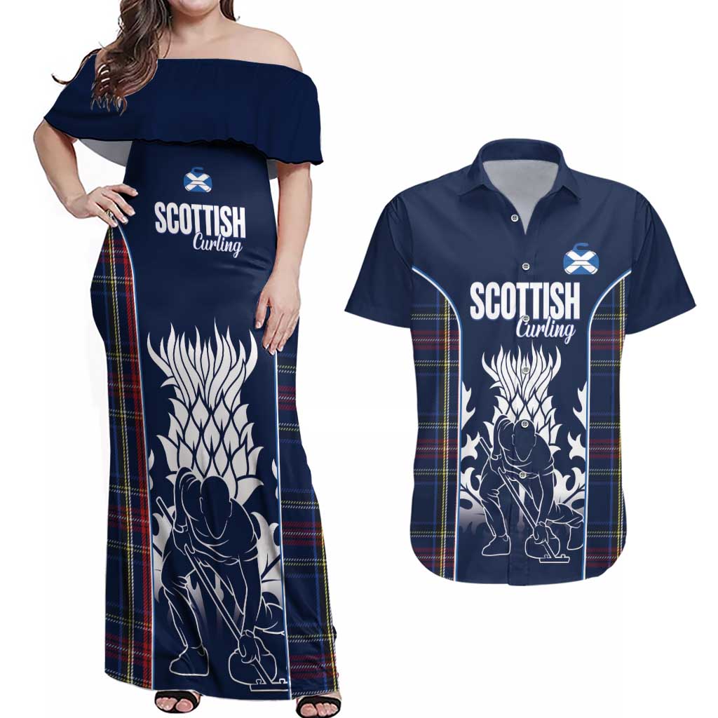 Custom Scotland Curling Couples Matching Off Shoulder Maxi Dress and Hawaiian Shirt Scottish Thistle Mix Tartan Pattern - Wonder Print Shop