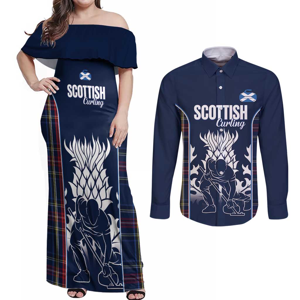 Custom Scotland Curling Couples Matching Off Shoulder Maxi Dress and Long Sleeve Button Shirt Scottish Thistle Mix Tartan Pattern - Wonder Print Shop