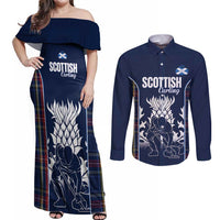 Custom Scotland Curling Couples Matching Off Shoulder Maxi Dress and Long Sleeve Button Shirt Scottish Thistle Mix Tartan Pattern - Wonder Print Shop